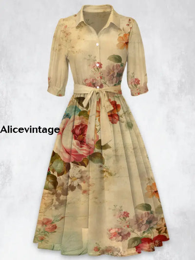 Retro Floral Printed Vintage 50’S Belt Short Sleeve Lapel Collar Maxi Dress A / S