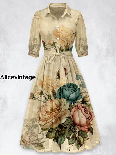 Retro Floral Printed Vintage 50’S Belt Short Sleeve Lapel Collar Maxi Dress A / S