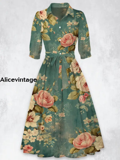 Retro Floral Printed Vintage 50’S Belt Short Sleeve Lapel Collar Maxi Dress A / S