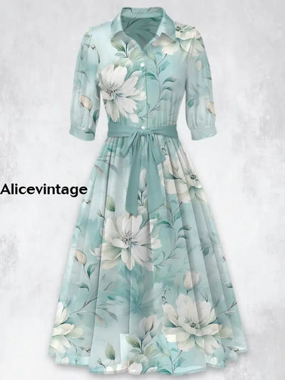 Retro Floral Printed Vintage 50’S Belt Short Sleeve Lapel Collar Maxi Dress A / S