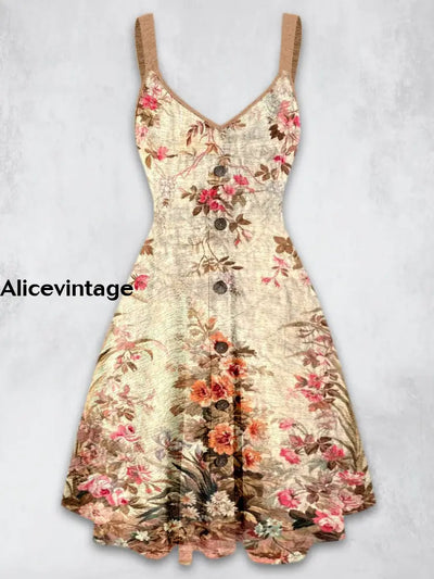 Retro Floral Printed Vintage V-Neck Strap Sleeveless Button Trim Midi Dress A / S