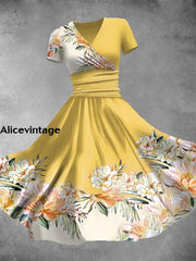 Retro Flower Print V-Neck Short Sleeve Midi Dress