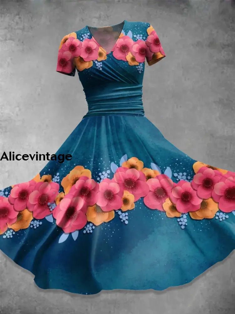 Retro Flower Print V-Neck Short Sleeve Midi Dress A / S