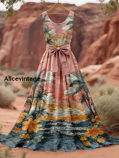 Retro Hawaii Applique Floral Art Print V-Neck Sleeveless Cotton Maxi Dress A / S