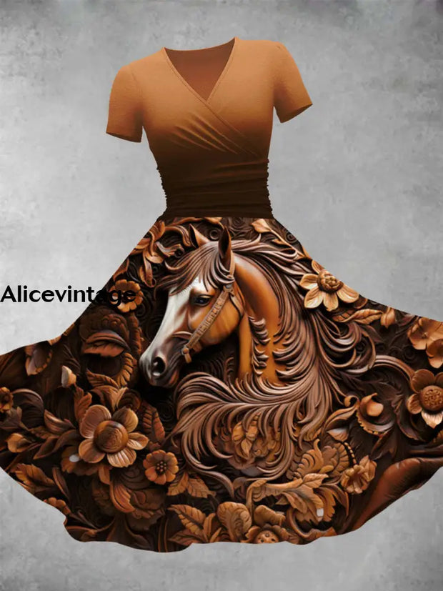 Retro Horse Art Print V-Neck Short Sleeve Midi Dress A / S