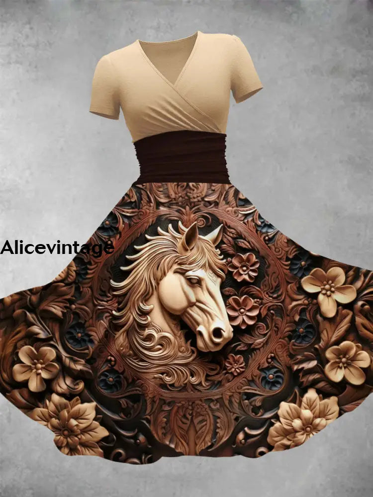 Retro Horse Art Print V-Neck Short Sleeve Midi Dress A / S
