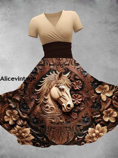 Retro Horse Art Print V-Neck Short Sleeve Midi Dress A / S