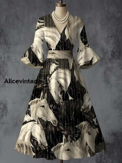 Retro Horse Art Printed V-Neck Vintage Chic Pleated Waist Flare Sleeve Midi Dress A / S