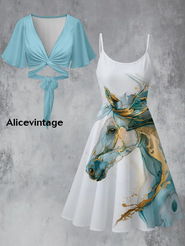 Retro Horse Art Printed Vintage Cross Fold Short Sleeve Two-Piece Midi Dress A / S