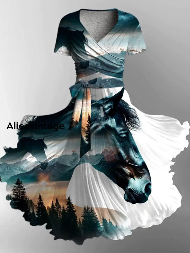Retro Horse Art Printed Vintage Cross Fold Short Sleeve Two-Piece Midi Dress A / S