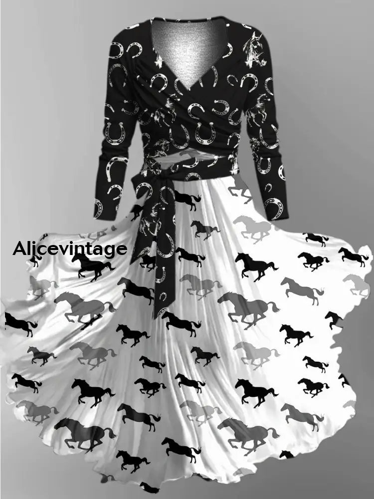 Retro Horse Art Printed Vintage Unique Slim Fit Cross Wrap Long Sleeve Two-Piece Midi Dress A / S
