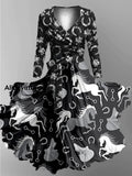Retro Horse Art Printed Vintage Unique Slim Fit Cross Wrap Long Sleeve Two-Piece Midi Dress A / S