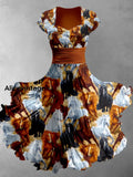 Retro Horse Art Printed Vintage V-Neck Pleated Waist Short Sleeve Midi Dress A / S