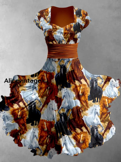 Retro Horse Art Printed Vintage V-Neck Pleated Waist Short Sleeve Midi Dress A / S