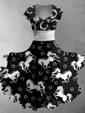 Retro Horse Art Printed Vintage V-Neck Pleated Waist Short Sleeve Midi Dress A / S