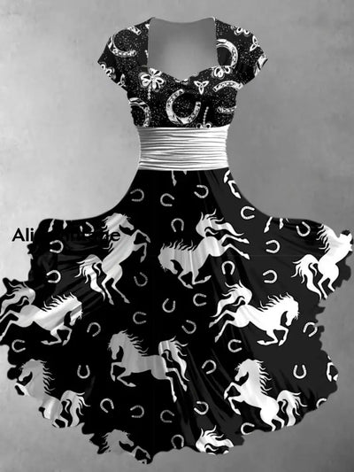 Retro Horse Art Printed Vintage V-Neck Pleated Waist Short Sleeve Midi Dress A / S