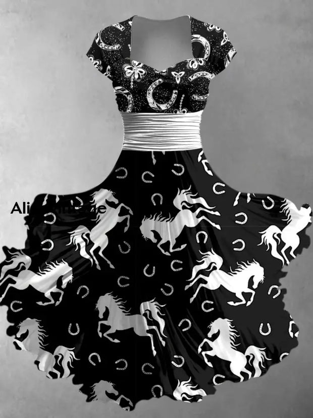 Retro Horse Art Printed Vintage V-Neck Pleated Waist Short Sleeve Midi Dress A / S
