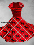 Retro Horse Art Printed Vintage V-Neck Pleated Waist Short Sleeve Midi Dress A / S