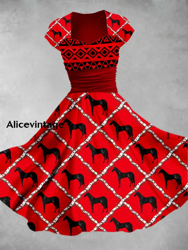Retro Horse Art Printed Vintage V-Neck Pleated Waist Short Sleeve Midi Dress A / S