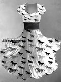 Retro Horse Art Printed Vintage V-Neck Pleated Waist Short Sleeve Midi Dress A / S