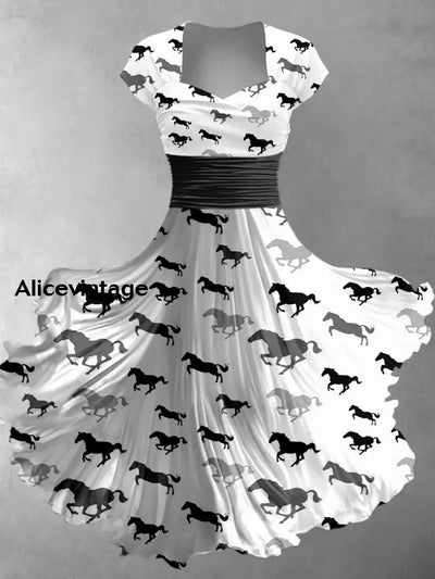 Retro Horse Art Printed Vintage V-Neck Pleated Waist Short Sleeve Midi Dress A / S