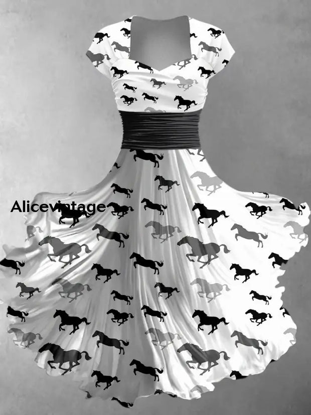 Retro Horse Art Printed Vintage V-Neck Pleated Waist Short Sleeve Midi Dress A / S