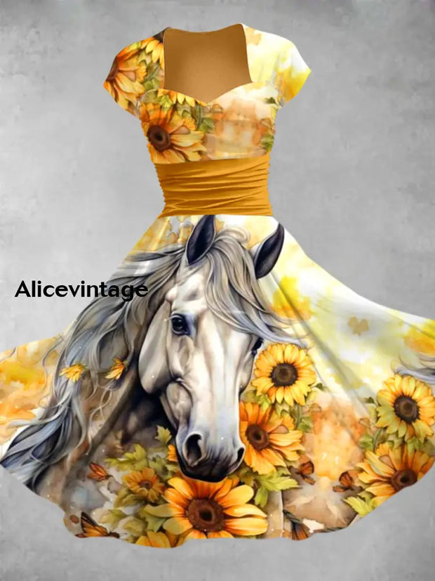 Retro Horse Art Printed Vintage V-Neck Pleated Waist Short Sleeve Midi Dress A / S
