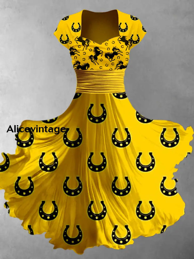 Retro Horse Art Printed Vintage V-Neck Pleated Waist Short Sleeve Midi Dress A / S