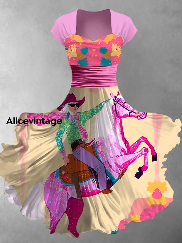 Retro Horse Art Printed Vintage V-Neck Pleated Waist Short Sleeve Midi Dress A / S