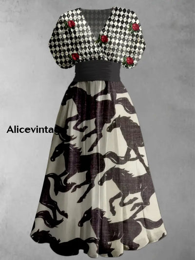 Retro Horse Floral Art Printed Elegant V-Neck Vintage Short Sleeve Maxi Dress A / S