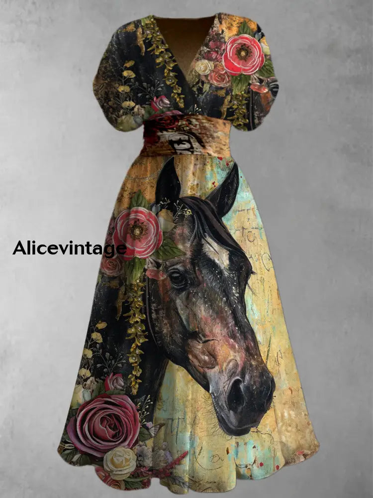 Retro Horse Floral Art Printed Elegant V-Neck Vintage Short Sleeve Maxi Dress A / S