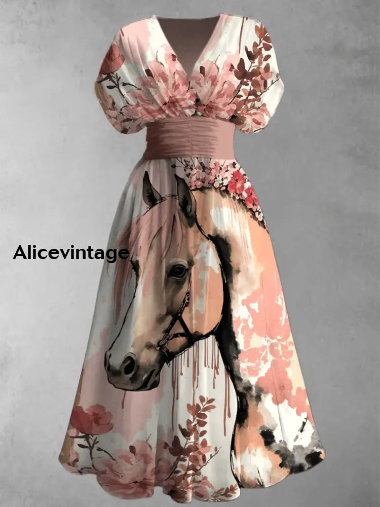 Retro Horse Floral Art Printed Elegant V-Neck Vintage Short Sleeve Maxi Dress A / S
