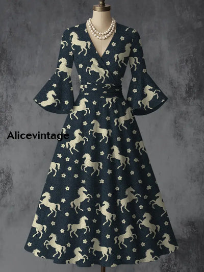 Retro Horse Floral Art Printed V-Neck Vintage Chic Pleated Waist Flare Sleeve Midi Dress A / S