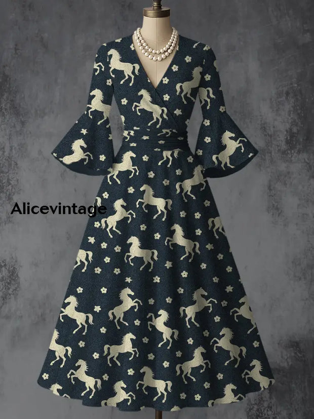 Retro Horse Floral Art Printed V-Neck Vintage Chic Pleated Waist Flare Sleeve Midi Dress A / S