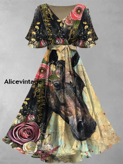 Retro Horse Floral Art Printed V-Neck Vintage Chic Strap Short Sleeve Midi Dress A / S