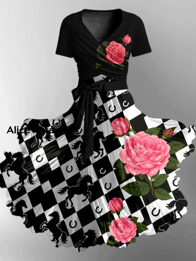 Retro Horse Floral Art Printed Vintage Cross Fold Short Sleeve Two-Piece Midi Dress A / S