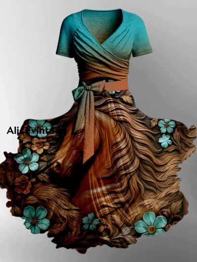 Retro Horse Floral Art Printed Vintage Cross Fold Short Sleeve Two-Piece Midi Dress A / S