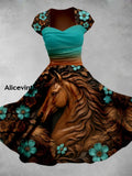 Retro Horse Floral Art Printed Vintage V-Neck Pleated Waist Short Sleeve Midi Dress A / S