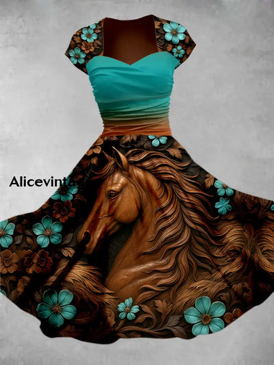 Retro Horse Floral Art Printed Vintage V-Neck Pleated Waist Short Sleeve Midi Dress A / S