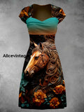 Retro Horse Floral Art Printed Vintage V-Neck Pleated Waist Short Sleeve Midi Dress A / S