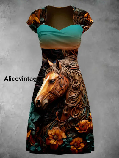 Retro Horse Floral Art Printed Vintage V-Neck Pleated Waist Short Sleeve Midi Dress A / S
