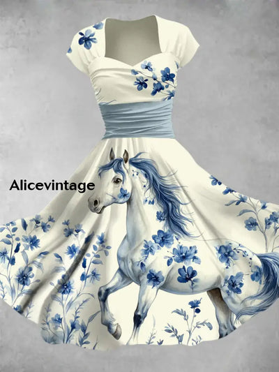 Retro Horse Floral Art Printed Vintage V-Neck Pleated Waist Short Sleeve Midi Dress A / S
