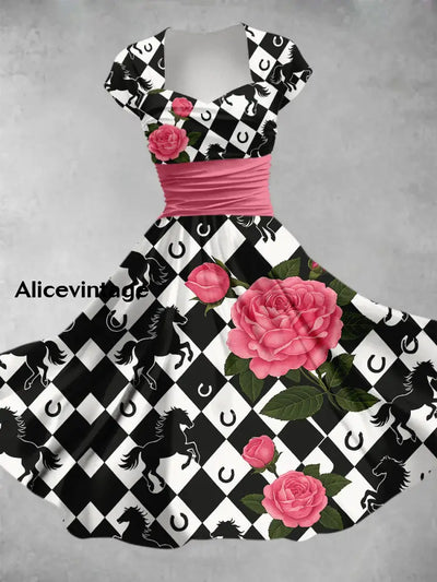Retro Horse Floral Art Printed Vintage V-Neck Pleated Waist Short Sleeve Midi Dress A / S
