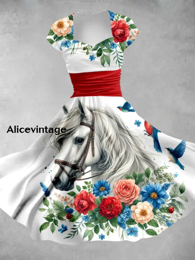 Retro Horse Floral Art Printed Vintage V-Neck Pleated Waist Short Sleeve Midi Dress A / S