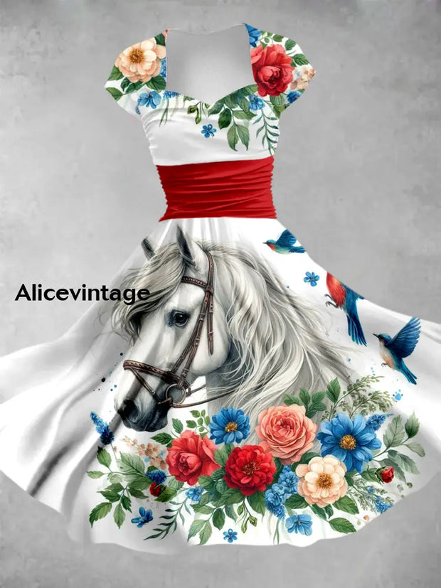 Retro Horse Floral Art Printed Vintage V-Neck Pleated Waist Short Sleeve Midi Dress A / S