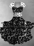 Retro Horse Saddle Art Printed Vintage V-Neck Pleated Waist Short Sleeve Midi Dress A / S