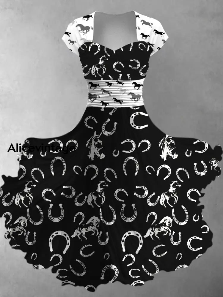 Retro Horse Saddle Art Printed Vintage V-Neck Pleated Waist Short Sleeve Midi Dress A / S