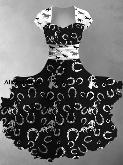 Retro Horse Saddle Art Printed Vintage V-Neck Pleated Waist Short Sleeve Midi Dress A / S