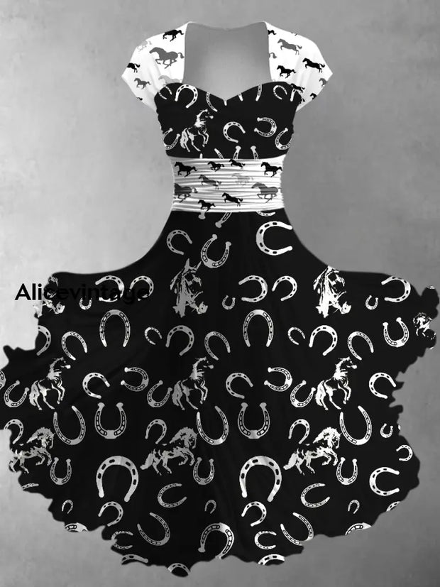 Retro Horse Saddle Art Printed Vintage V-Neck Pleated Waist Short Sleeve Midi Dress A / S