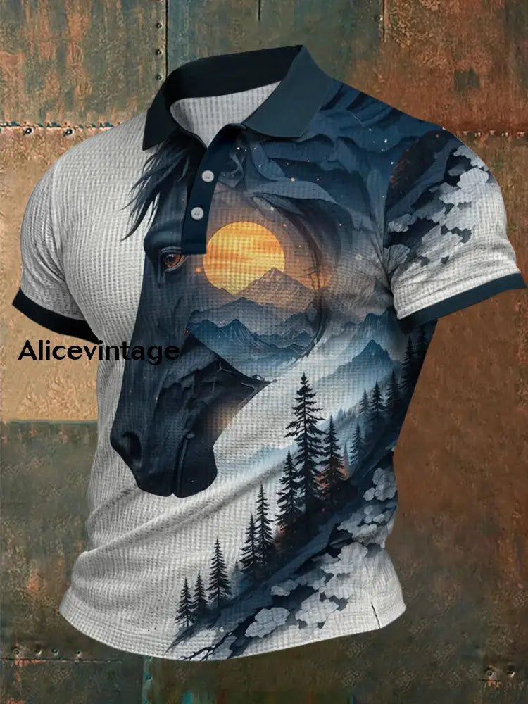 Retro Horse Waffle Texture Pattern Printed Village V-Neck Short Sleeves Shirt A / S